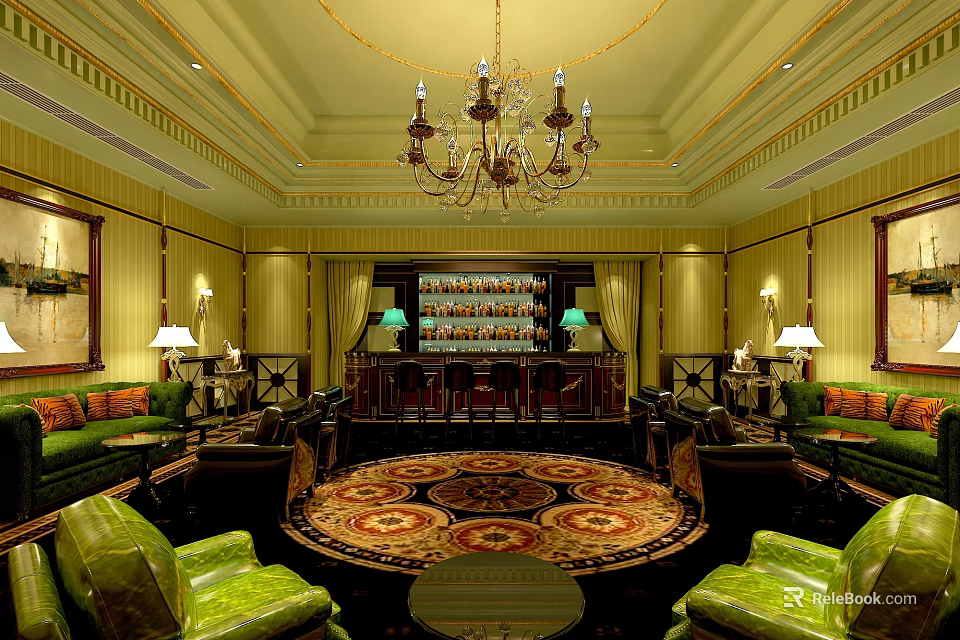 Elegant Bar Interior With Chandelier Bar Counter Green Sofas And Round Rug 3d model 