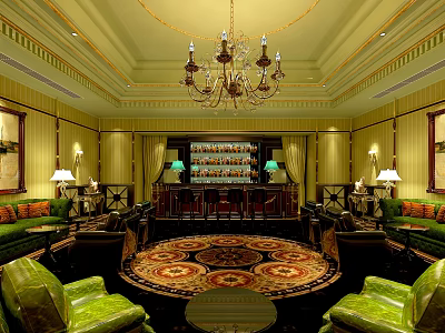 Elegant Bar Interior With Chandelier Bar Counter Green Sofas And Round Rug 3d model