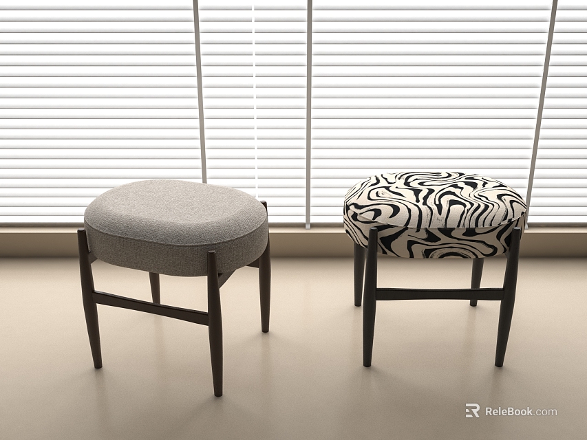 Stylish Ottoman Stools with Gray and Zebra Print Upholstery and Dark Wood Legs 3d model 