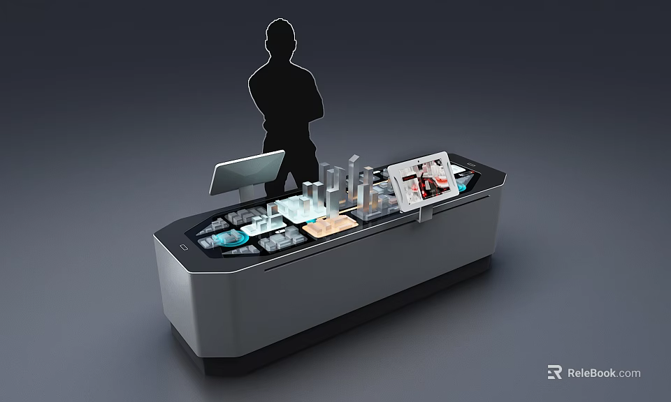 Modern Interactive Display Counter With Monitor Products And Person Silhouette 3d model 
