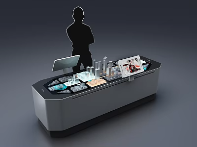 Modern Interactive Display Counter With Monitor Products And Person Silhouette 3d model