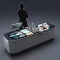 Modern Interactive Display Counter With Monitor Products And Person Silhouette