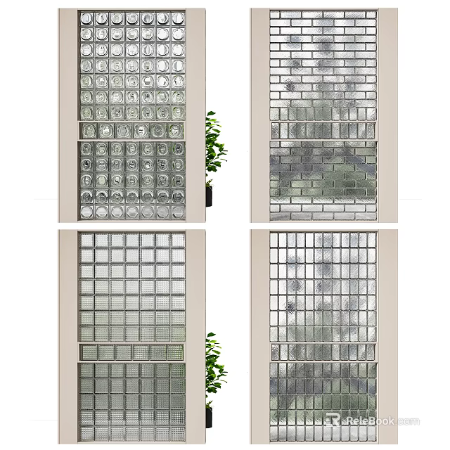Modern Decorative Wall Designs With Glass Block Brick Patterns And Green Plants 3d model 