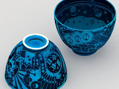 Blue Decorative Ornament Set with Bowl Shaped Design and Intricate Patterns 3d model