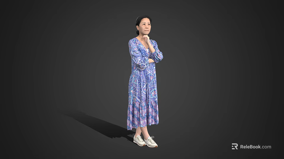 A Woman Standing in Blue Purple Printed Dress with Crossed Arms and White Shoes 3d model 