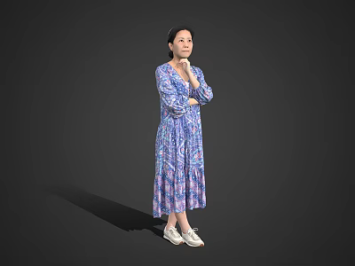 A Woman Standing in Blue Purple Printed Dress with Crossed Arms and White Shoes 3d model