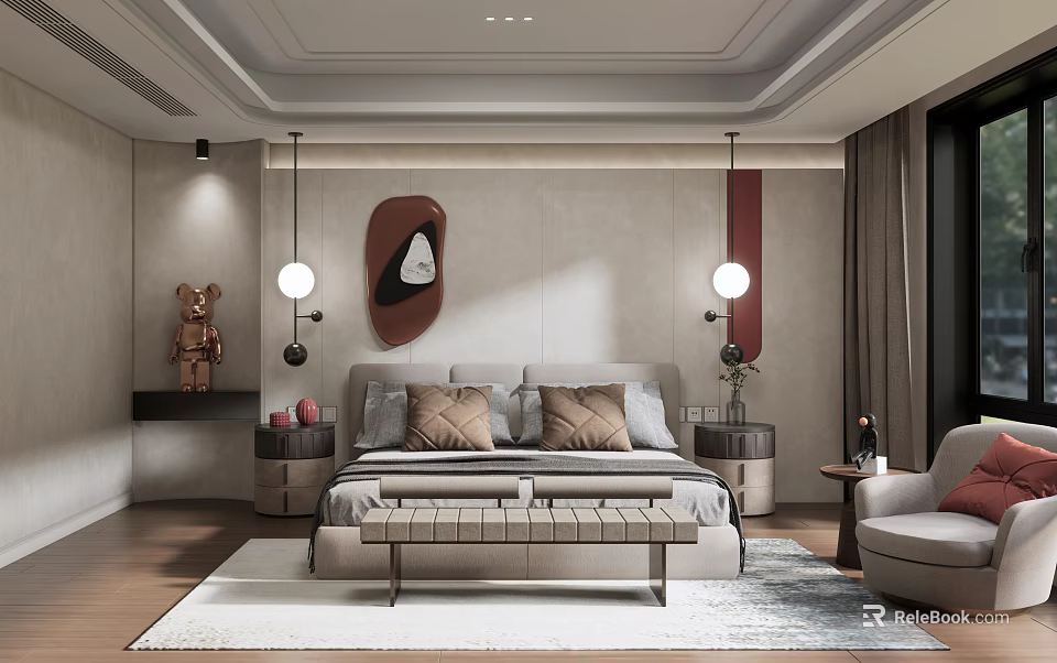 Modern Bedroom Interior Design With Bed Pendant Lights Nightstands Bench And Area Rug 3d model 