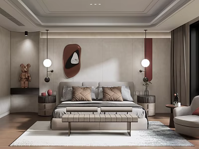 Modern Bedroom Interior Design With Bed Pendant Lights Nightstands Bench And Area Rug 3d model