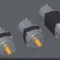 Industrial Gear Motors Three Different Sizes With Silver Housing Yellow Shaft And Black Components