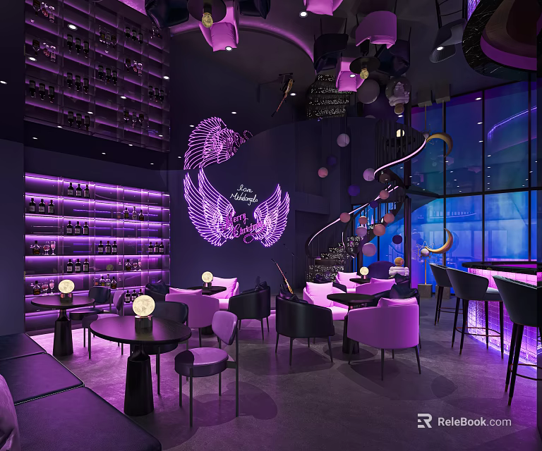 Modern Luxury Bar With Purple Lighting Counter Wine Racks Seats Wing Decor And Glass Walls 3d model 