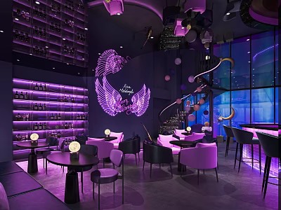 Modern Luxury Bar With Purple Lighting Counter Wine Racks Seats Wing Decor And Glass Walls 3d model