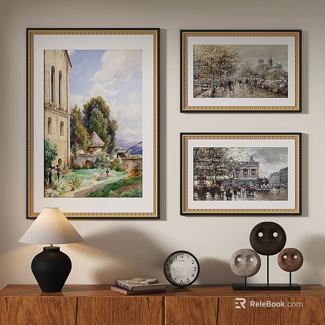 Framed Oil Paintings With Rural Architecture And Urban Street Scenes On Interior Wall 3d model 