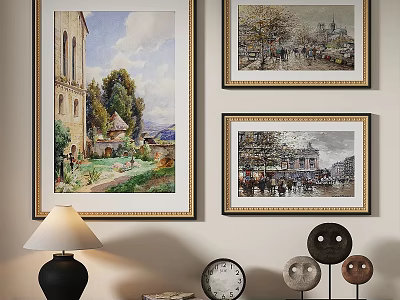 Framed Oil Paintings With Rural Architecture And Urban Street Scenes On Interior Wall 3d model