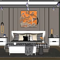 Modern Bedroom Interior With Double Bed Wall Art Nightstand Table Lamp And Plaid Blanket
