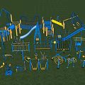 Outdoor Sports Equipment With Blue Yellow Slides Swings Climbing Frames On Grass Field