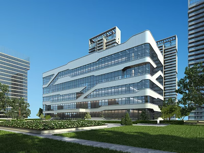 Modern Office Building Featuring Glass Curtain Wall and Landscaped Gardens Near Tall Buildings 3d model