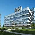 Modern Office Building Featuring Glass Curtain Wall and Landscaped Gardens Near Tall Buildings