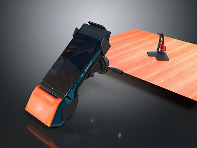 Black And Orange Computer Stand On Wooden Desktop With Small Black Holder 3d model