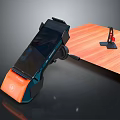 Black And Orange Computer Stand On Wooden Desktop With Small Black Holder