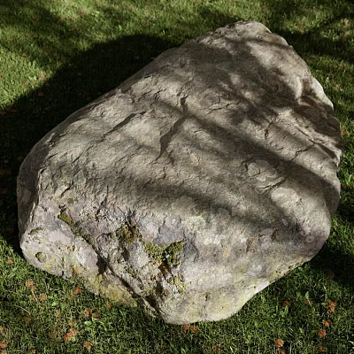 Large Natural Stone Lying on Green Grass With Textured Surface And Tree Shadows 3d model