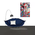 Blue Shell Shaped Single Seater Sofa With White Cushion Floor Lamp And Colorful Abstract Painting
