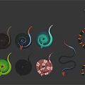 Colorful Snakes in Various Colors Coiled and Stretched on Dark Background