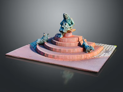 Garden Ornament with Central Sculpture Red Brick Base Dog Sculptures on Multi Tiered Square Platform 3d model