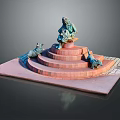 Garden Ornament with Central Sculpture Red Brick Base Dog Sculptures on Multi Tiered Square Platform