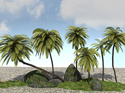 Tall Palm Trees Growing With Rocks And Green Grass Under Blue Sky 3d model