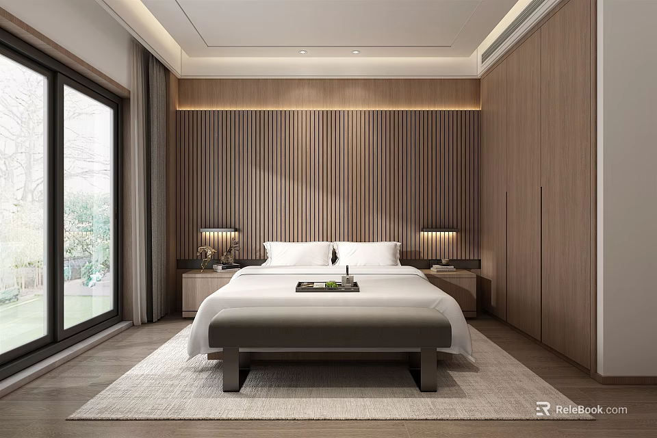 Modern Bedroom With Wooden Wall Wardrobe King Size Bed Nightstands Table Lamps Bench And Sunlight 3d model 