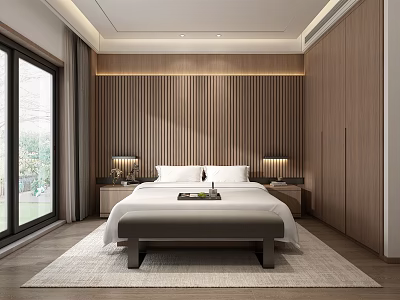 Modern Bedroom With Wooden Wall Wardrobe King Size Bed Nightstands Table Lamps Bench And Sunlight 3d model