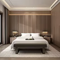 Modern Bedroom With Wooden Wall Wardrobe King Size Bed Nightstands Table Lamps Bench And Sunlight