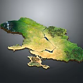 3D Topographic Terrain Model With Green Vegetation Yellow Plains And Blue Rivers