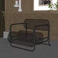 Modern Metal Frame Single Chair Featuring Cylindrical Seat And Backrest Wooden Wall Green Plant