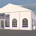 White Outdoor Event Canopy with Arched Windows and Glass Doors Design
