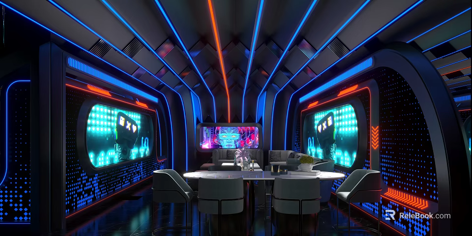 Modern KTV Room With Neon Lights Ceiling Line Design Large Screens Round Table And Chairs 3d model 