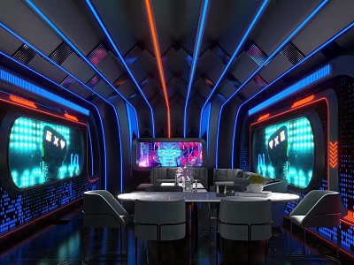 Modern KTV Room With Neon Lights Ceiling Line Design Large Screens Round Table And Chairs 3d model