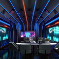 Modern KTV Room With Neon Lights Ceiling Line Design Large Screens Round Table And Chairs