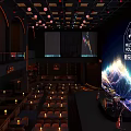 Music Themed Bar Interior With Large Screen Lighting Effects Musical Instruments And Tables