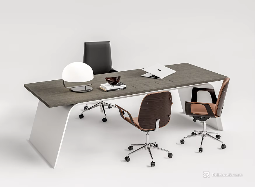 Modern Office Desk With Two Chairs Round Lamp Open Notebook And Coffee Mug 3d model 