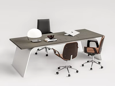 Modern Office Desk With Two Chairs Round Lamp Open Notebook And Coffee Mug 3d model