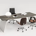 Modern Office Desk With Two Chairs Round Lamp Open Notebook And Coffee Mug