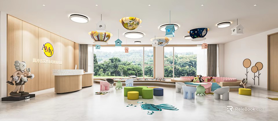 Bright Kindergarten Interior With Colorful Stools Hanging Lamps And Large Windows For Kids 3d model 