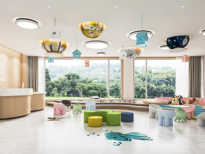 Bright Kindergarten Interior With Colorful Stools Hanging Lamps And Large Windows For Kids 3d model