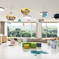 Bright Kindergarten Interior With Colorful Stools Hanging Lamps And Large Windows For Kids