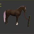 A brown horse tied to a wooden post with gray background and reflective ground