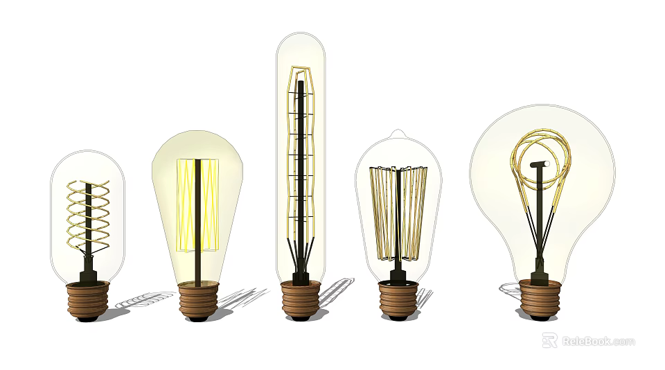 Various Decorative Light Bulbs With Different Filament Patterns And Wooden Bases 3d model 
