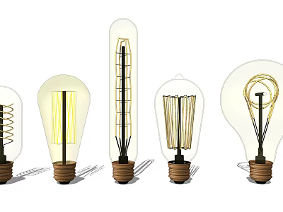 Various Decorative Light Bulbs With Different Filament Patterns And Wooden Bases 3d model