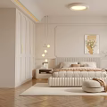 Modern Cozy Bedroom Interior With Upholstered Bed Pendant Lights Herringbone Floor And Bay Window