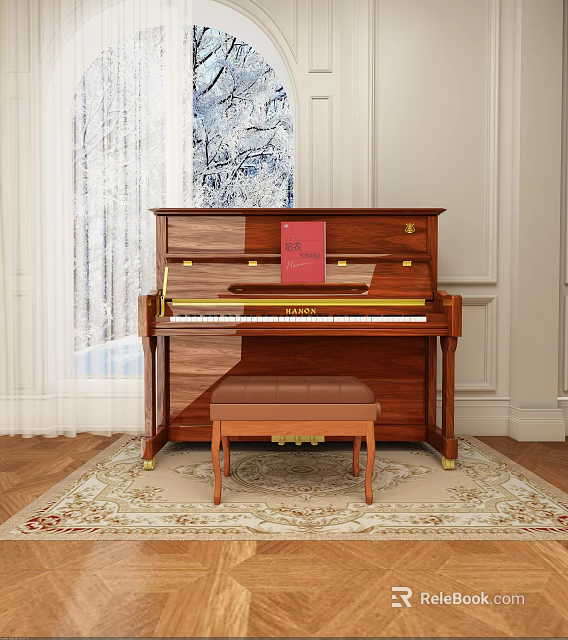 Elegant Wooden Upright Piano With Red Book Matching Stool And Carpet 3d model 